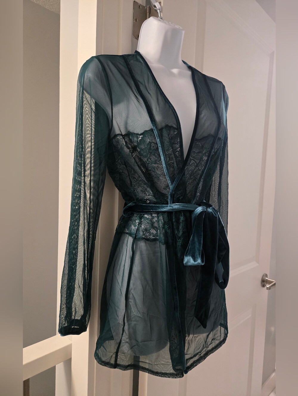 La Senza Sheer Lace Velvet Robe In Dark Emerald Green - Picture 2 of 14